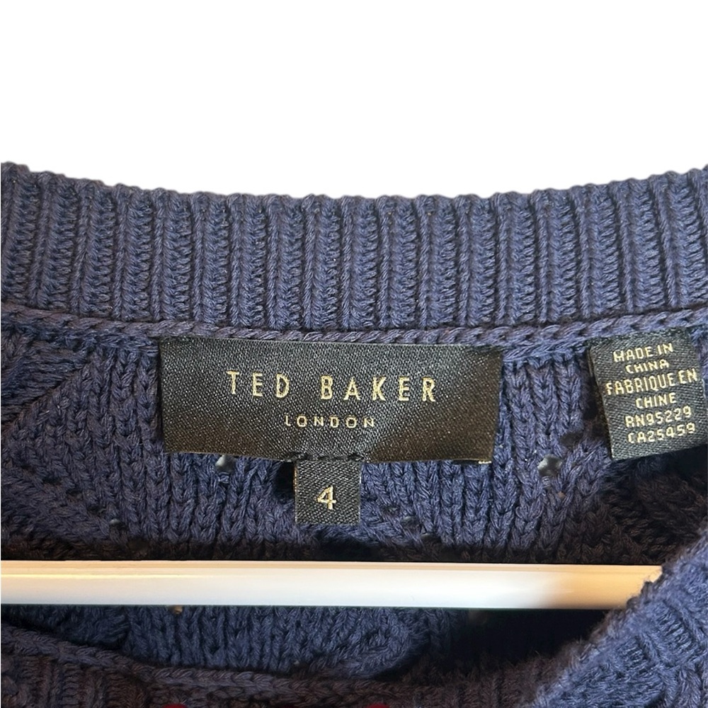 Ted Baker Navy Romanu Pointelle Sweater With Puff Sleeve Detail Size 4 (M 8-10) - Picture 4 of 6